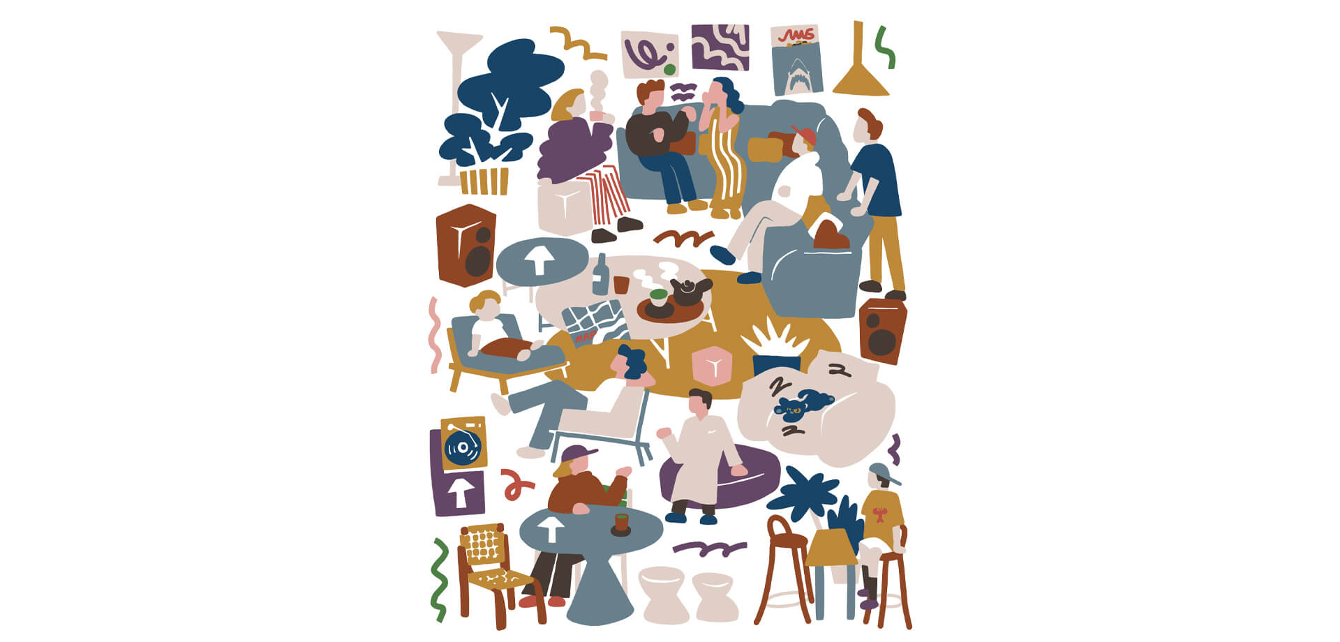 集まる、はなす、くつろぐ、わらう　Living Room Dialogue by arflexイラスト