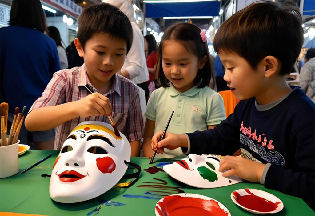 屋台湾フェス2025 会場風景　お面を塗る子どもたち