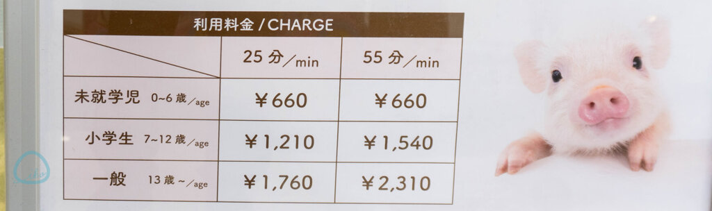 マイピッグカフェ マイクロブタカフェ イオンモールむさし村山店店内 料金表