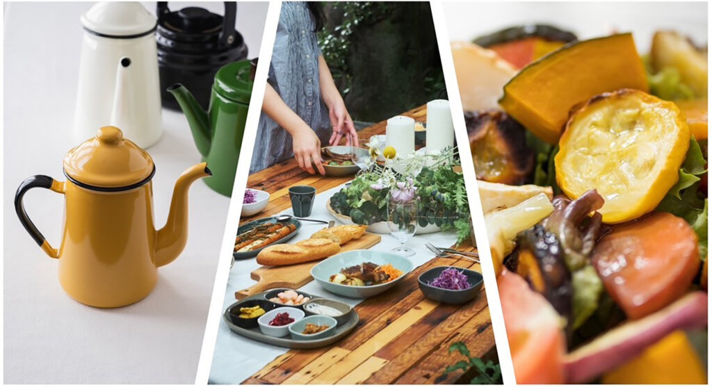 コーヒーにあう軽食やサラダ、ポット