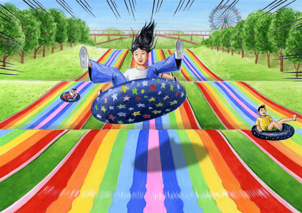 風船にのって虹色の坂道を滑る