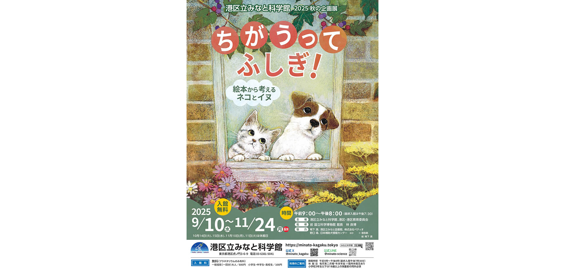 港区立みなと科学館　「ちがうってふしぎ！ ～絵本から考えるネコとイヌ～」チラシ