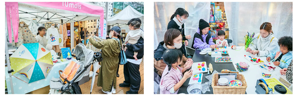 野外ブースで絵本を買う親子　ワークショップする親子