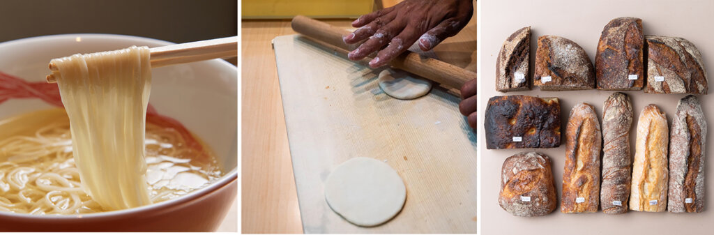 ラーメン、面をうつ職人、パン