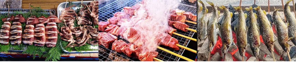 イカ焼き　肉串　鮎の塩焼き