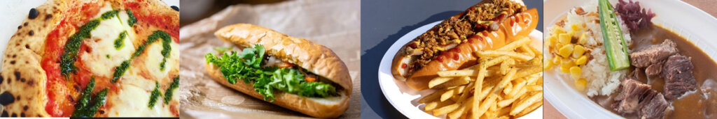 ピザ　サンドイッチ　フライドポテト　カレー