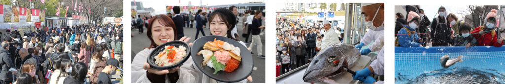 魚介グルメフェスの様子 食事を堪能する女性 解体ショーの様子