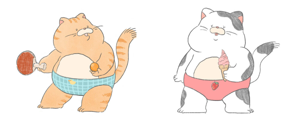 イラストレーター「ショウロンポウ」の猫ステッカー　卓球している猫　アイスを食べる猫