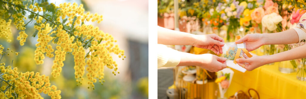 ミモザを受け渡す風景