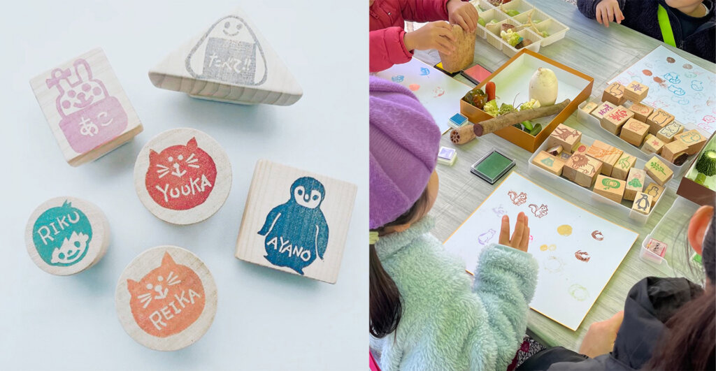 動物のスタンプと、スタンプを押す子ども