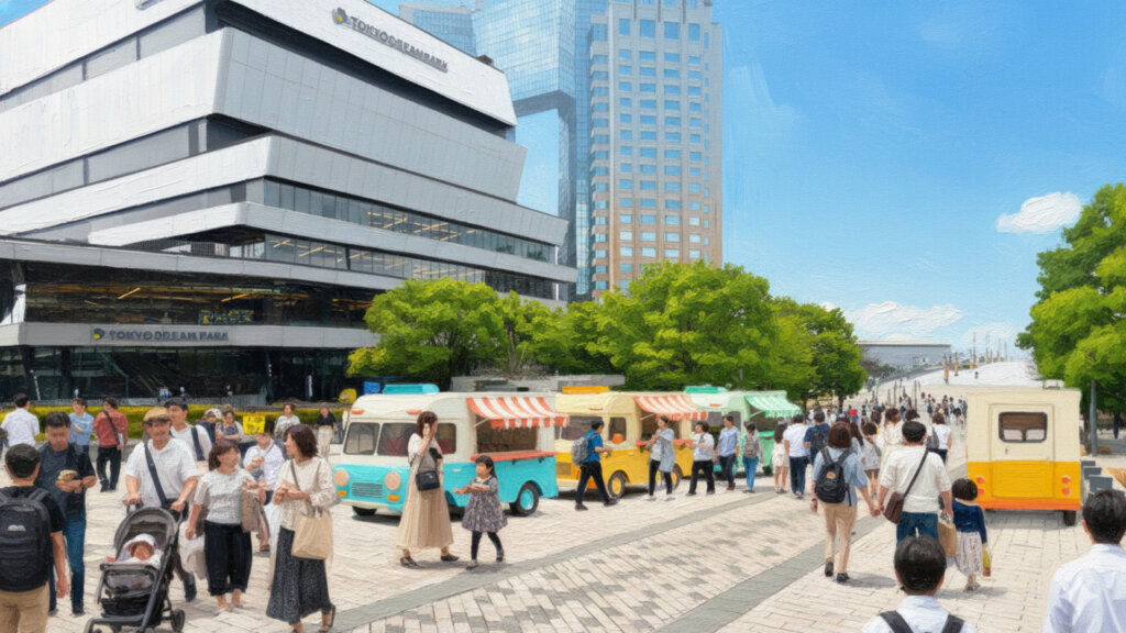 キッチンカーで賑わう広場