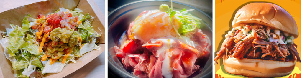 ハンバーガー、タコス、生ハム丼