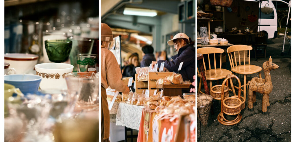 アンティーク食器やパン、椅子