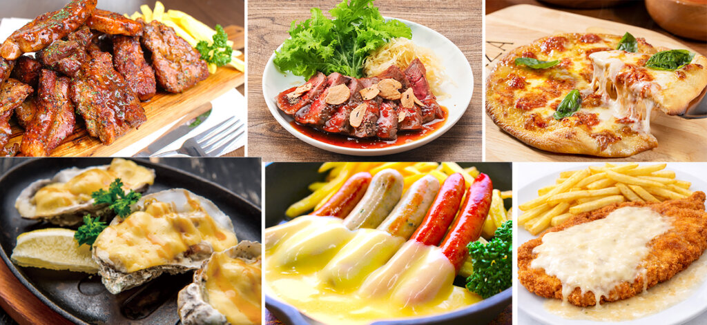 肉グルメ、ソーセージ、ピザ、フライ、牡蠣