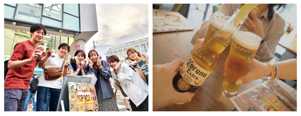 ビール片手に記念撮影する男女たち