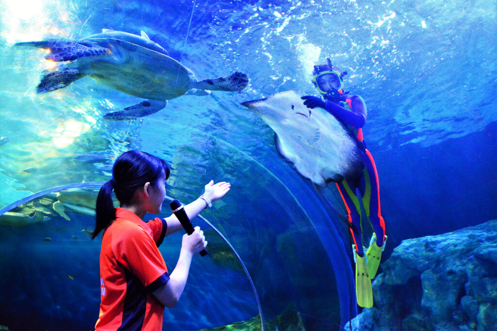 水族館ツアーでガイドする女性