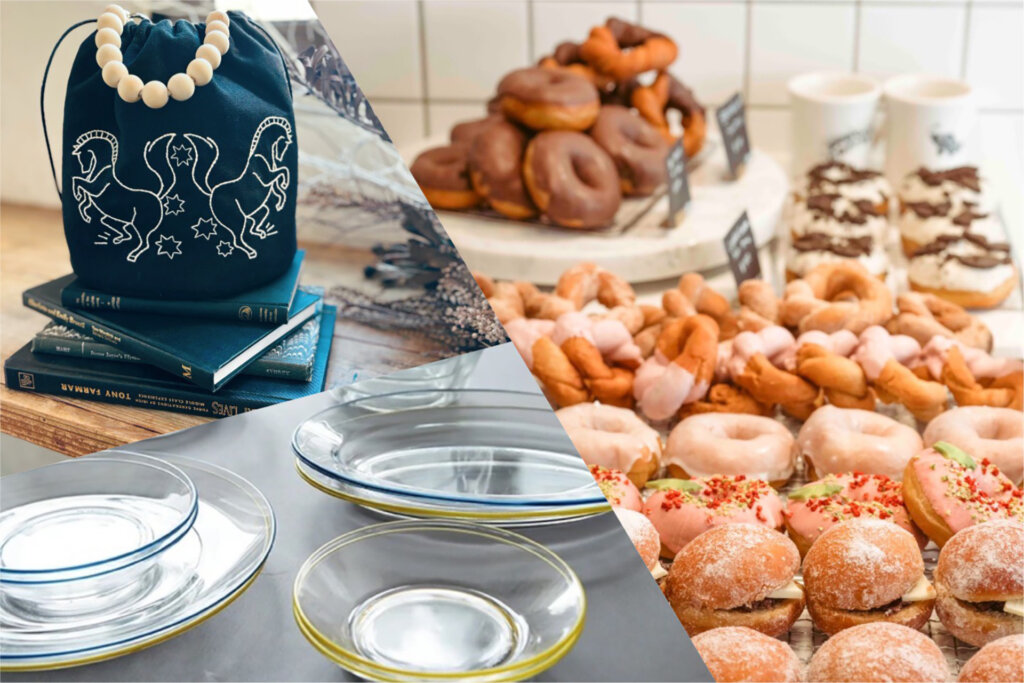 パンやドーナツ、丸い皿、馬の絵が描かれた青い袋