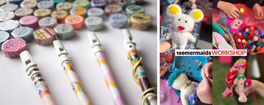 カラフルな笛、マスキングテープ、人形