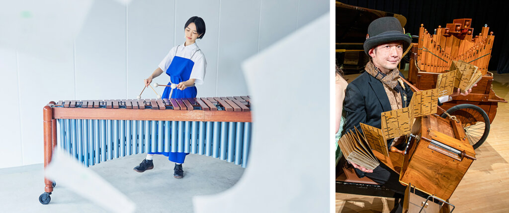 木琴を叩く女、オルガンを弾く男性