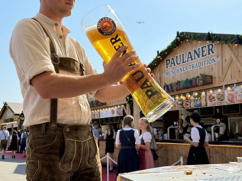 大型ビールグラスを抱える男性