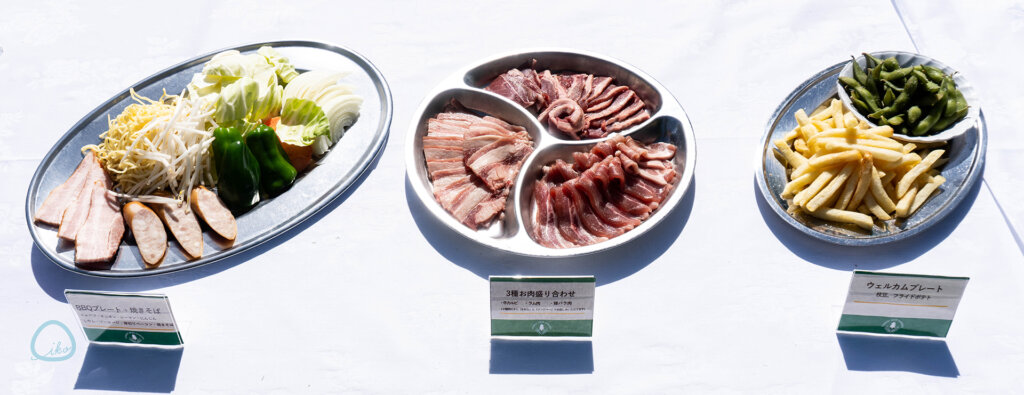 森のビアガーデン　提供肉、サラダ等