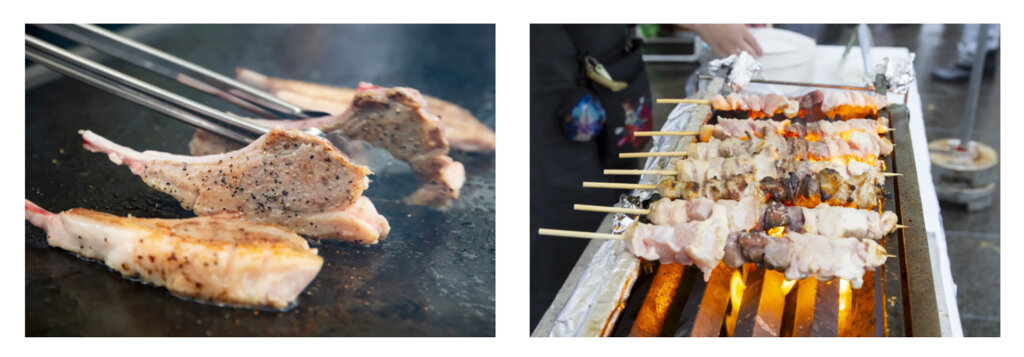 焼かれる肉　焼き鳥