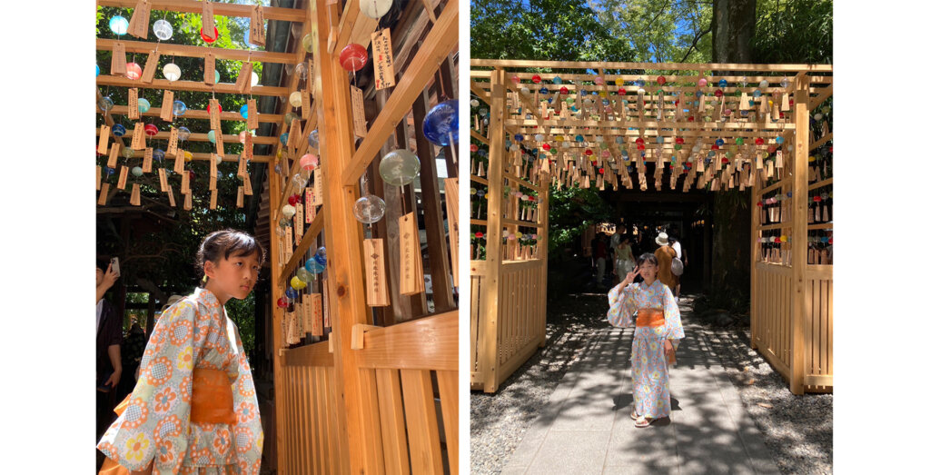 川越氷川神社 縁むすび風鈴 浴衣の女の子が記念撮影