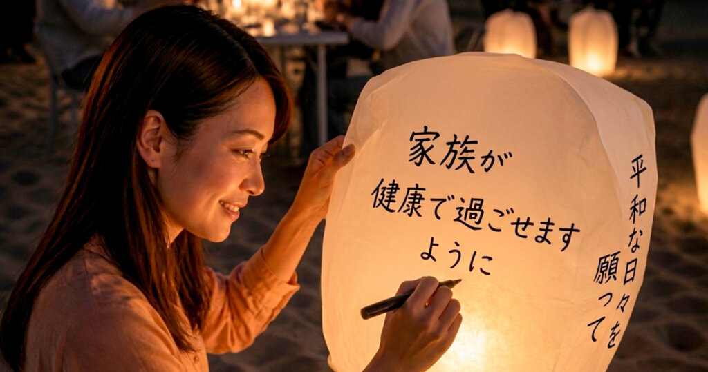 ランタンに願い事を記す女性