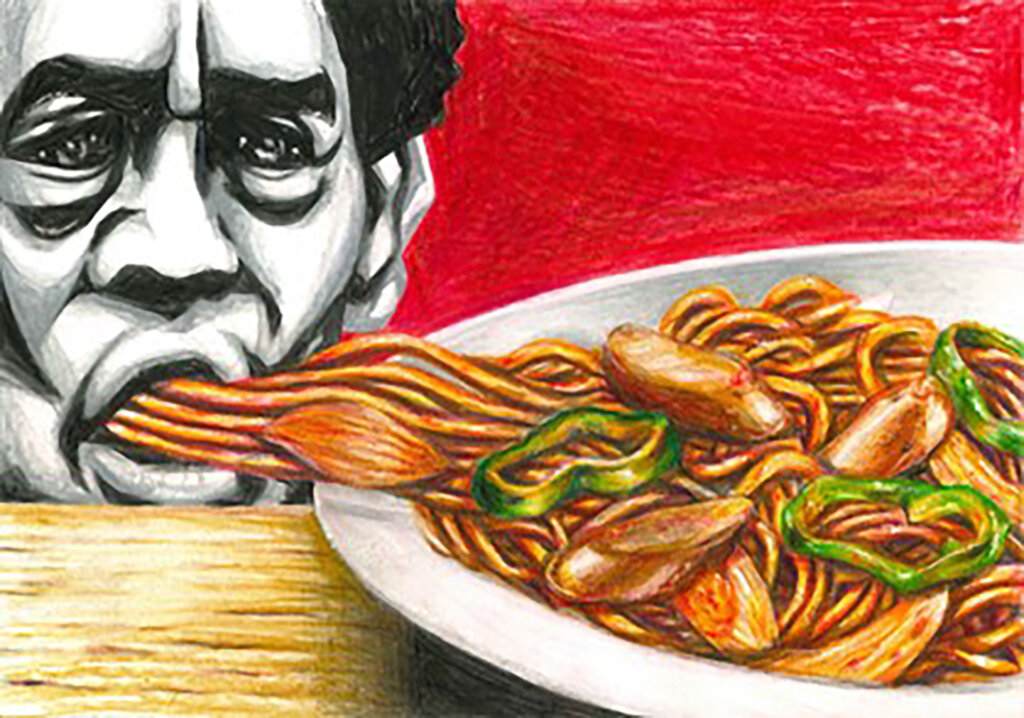 クッキー作　ナポリタンを食べる男