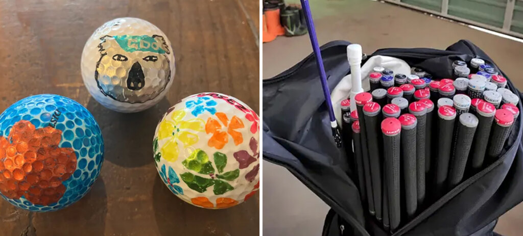 ゴルフボールに絵を描く、袋に入ったゴルフクラブ